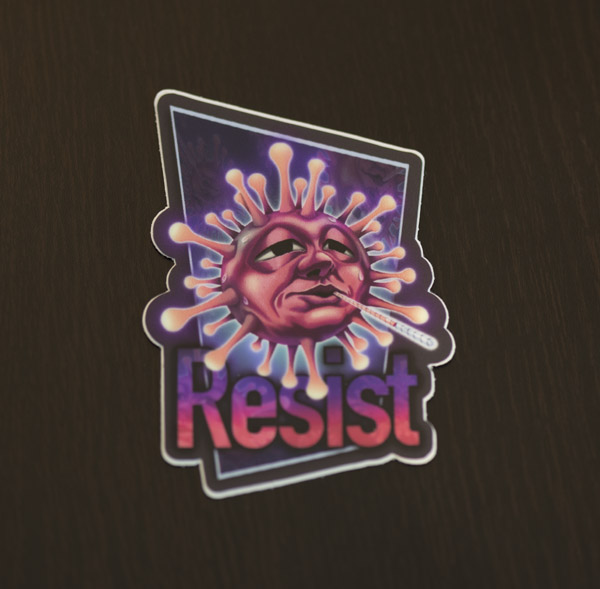 COVID-19 resist sticker available for purchase at the Copious Ink Etsy store.