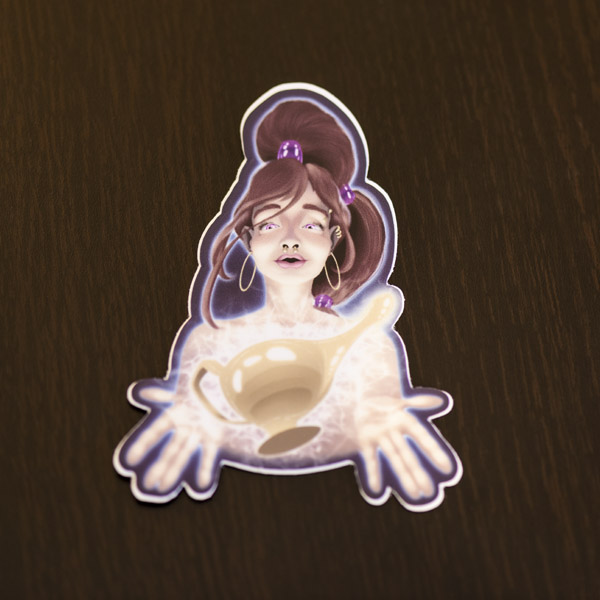 Photograph of the genie sticker available in the Copious Ink Etsy store.