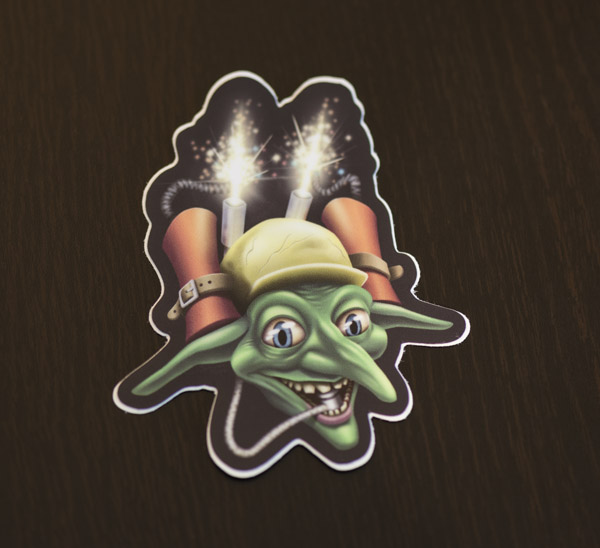 Photograph of the goblin bomber sticker available in the Copious Ink Etsy store.