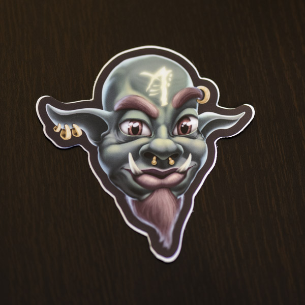 Photograph of the orc mage sticker available in the Copious Ink Etsy store.