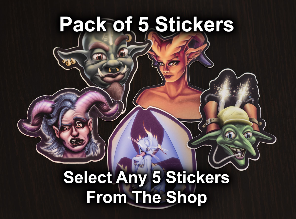 Photograph of the pack of five stickers available in the Copious Ink Etsy store.