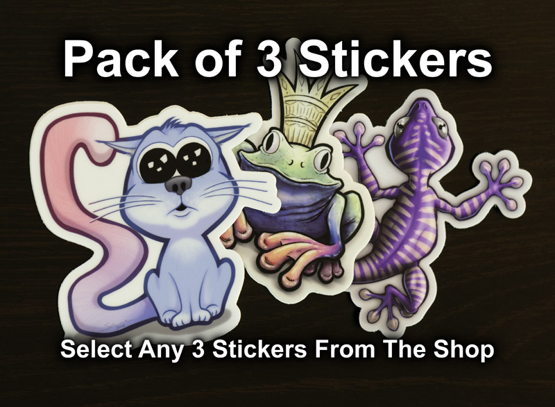 Photograph of the pack of three stickers available in the Copious Ink Etsy store.
